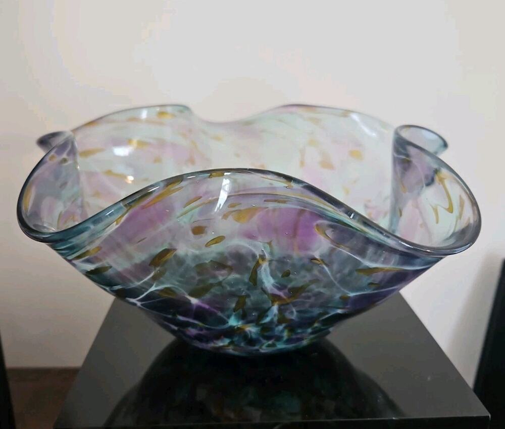 VINTAGE SIGNED STUDIO ART GLASS RUFFLED BOWL – PURPLE AQUA GOLD HAND BLOWN